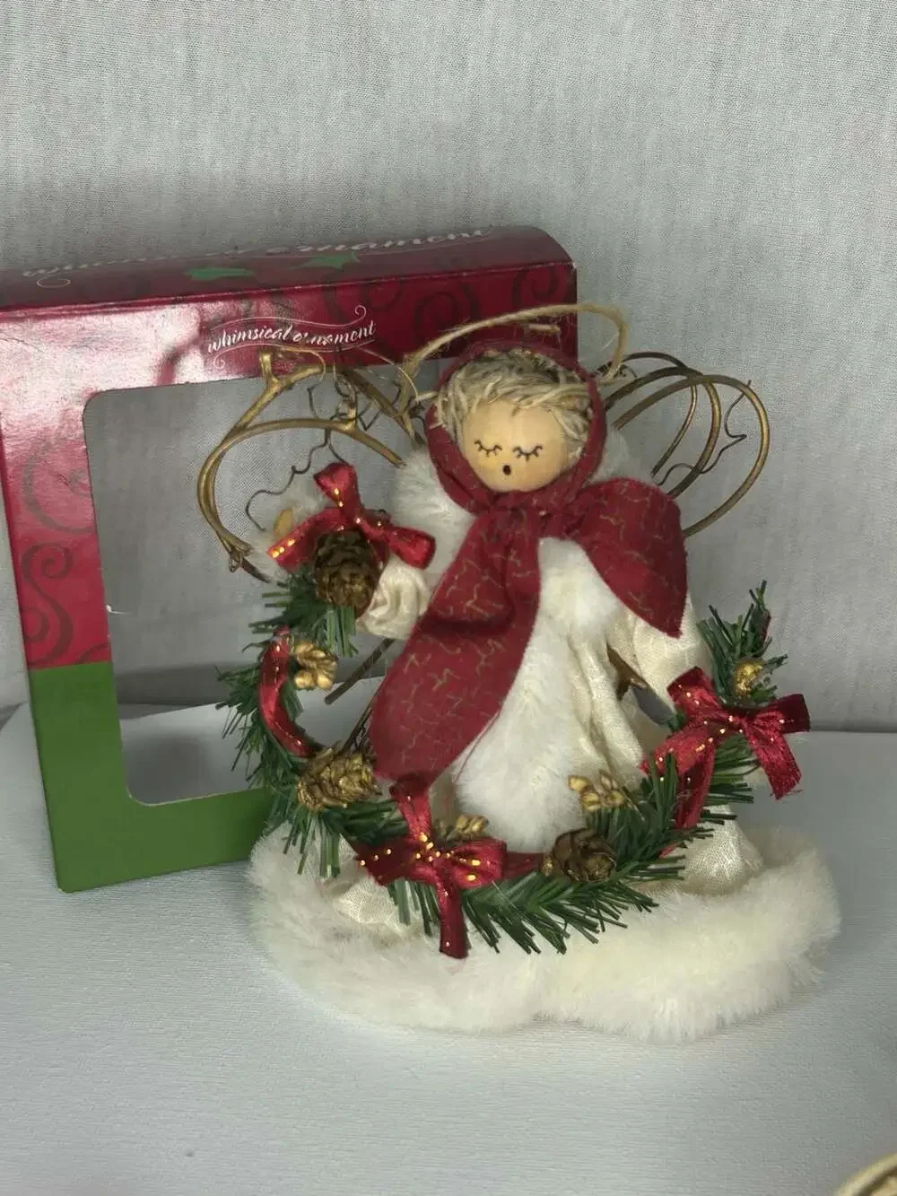 Whimsical Ornament Christmas Angel Figurine With Pinecone Wreath